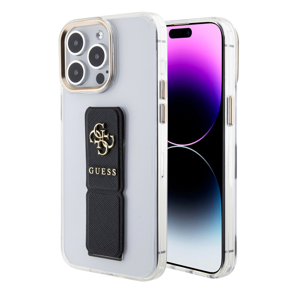 Guess Guess iPhone 15 Pro Back cover coque - Saffiano Gripstand - Clear Case - 4G Metal Logo - Noir Guess Guess iPhone 15 Pro Back cover coque - Saffiano Gripstand - Clear Case - 4G Metal Logo - Noir