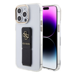 Guess iPhone 15 Pro Back-Cover hul - Saffiano Gripstand - Clear Case - 4G Metal Logo - Schwarz