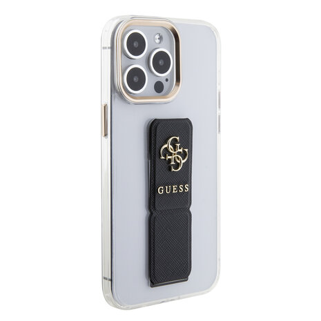 Guess Guess iPhone 15 Pro Back cover coque - Saffiano Gripstand - Clear Case - 4G Metal Logo - Noir Guess Guess iPhone 15 Pro Back cover coque - Saffiano Gripstand - Clear Case - 4G Metal Logo - Noir