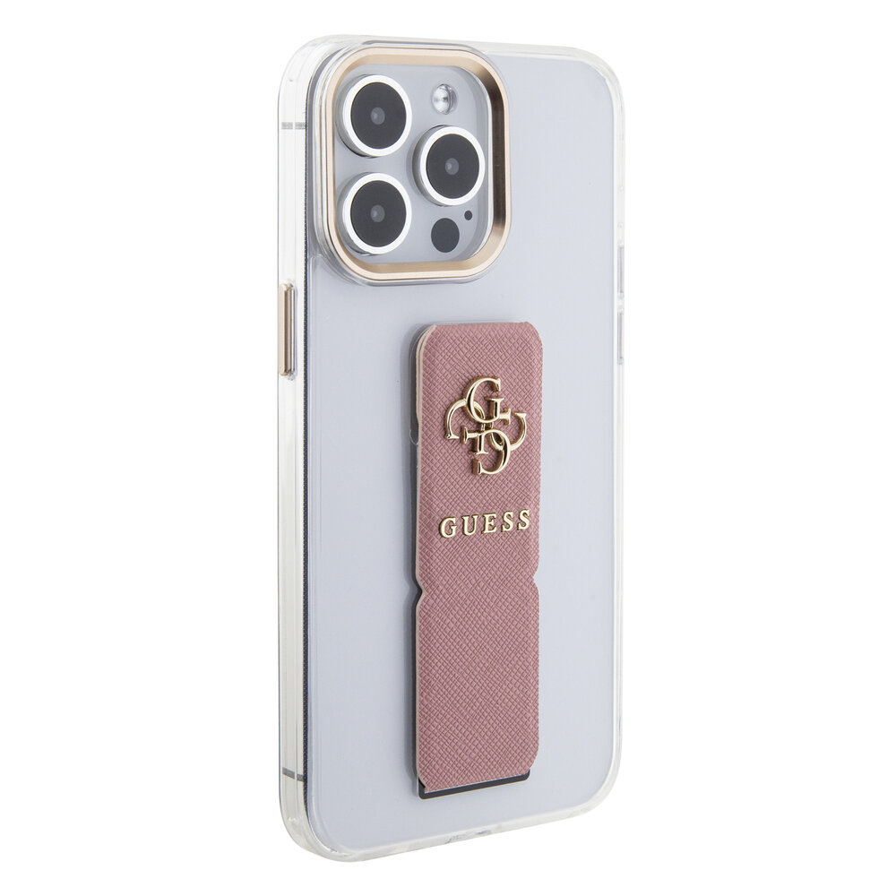 Guess Guess iPhone 15 Pro Back cover coque - Saffiano Gripstand - Clear Case - 4G Metal Logo - Rose Guess Guess iPhone 15 Pro Back cover coque - Saffiano Gripstand - Clear Case - 4G Metal Logo - Rose