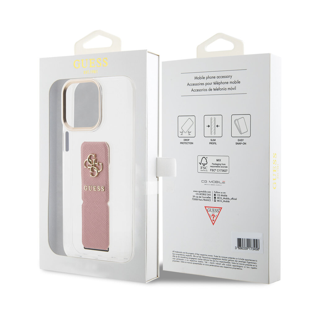 Guess Guess iPhone 15 Pro Back cover case - Saffiano Gripstand - Clear Case - 4G Metal Logo - Pink Guess Guess iPhone 15 Pro Back cover case - Saffiano Gripstand - Clear Case - 4G Metal Logo - Pink