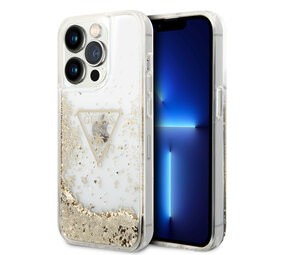 Guess Guess iPhone 15 Pro Backcover hoesje - Liquid Glitter - Gold Logo - Transparant Guess Guess iPhone 15 Pro Backcover hoesje - Liquid Glitter - Gold Logo - Transparant