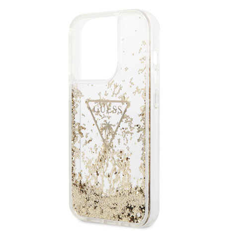 Guess Guess iPhone 15 Pro Back-Cover hul - Liquid Glitter - Gold Logo - Transparent Guess Guess iPhone 15 Pro Back-Cover hul - Liquid Glitter - Gold Logo - Transparent