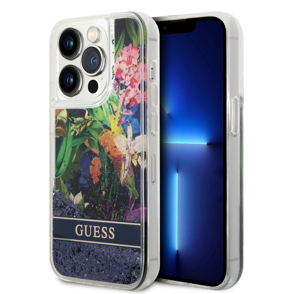 Guess Guess iPhone 15 Pro Back cover coque - Liquid Glitter - Flower Pattern - Bleu Guess Guess iPhone 15 Pro Back cover coque - Liquid Glitter - Flower Pattern - Bleu