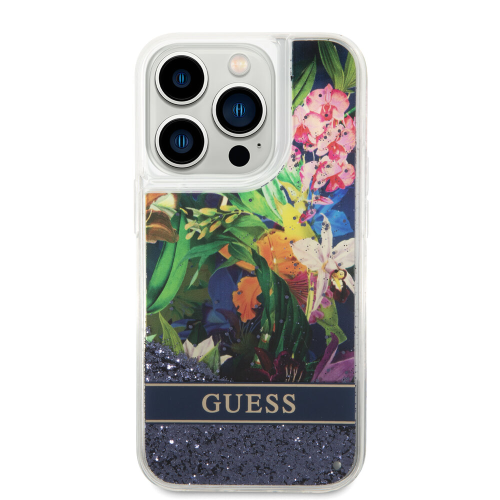 Guess Guess iPhone 15 Pro Back-Cover hul - Liquid Glitter - Flower Pattern - Blau Guess Guess iPhone 15 Pro Back-Cover hul - Liquid Glitter - Flower Pattern - Blau