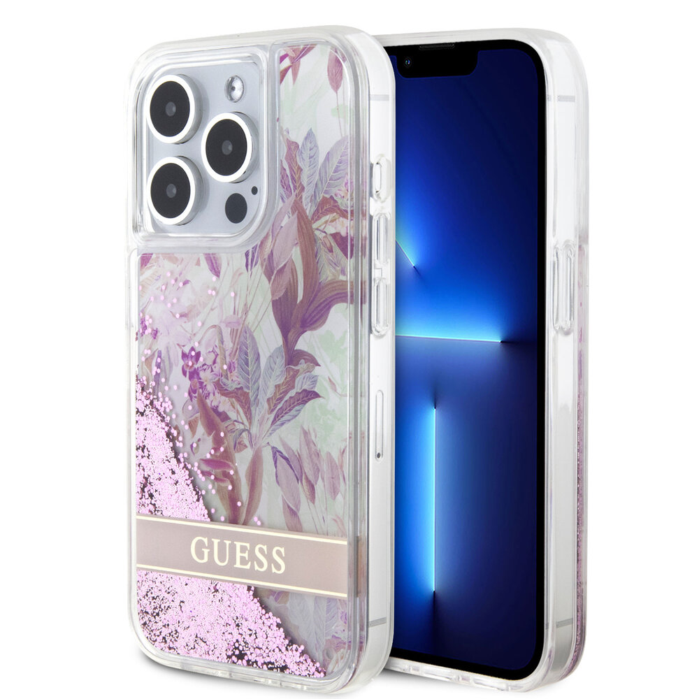 Guess Guess iPhone 15 Pro Back-Cover hul - Liquid Glitter - Flower Pattern - Rosa Guess Guess iPhone 15 Pro Back-Cover hul - Liquid Glitter - Flower Pattern - Rosa