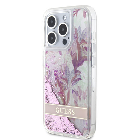 Guess Guess iPhone 15 Pro Back-Cover hul - Liquid Glitter - Flower Pattern - Rosa Guess Guess iPhone 15 Pro Back-Cover hul - Liquid Glitter - Flower Pattern - Rosa