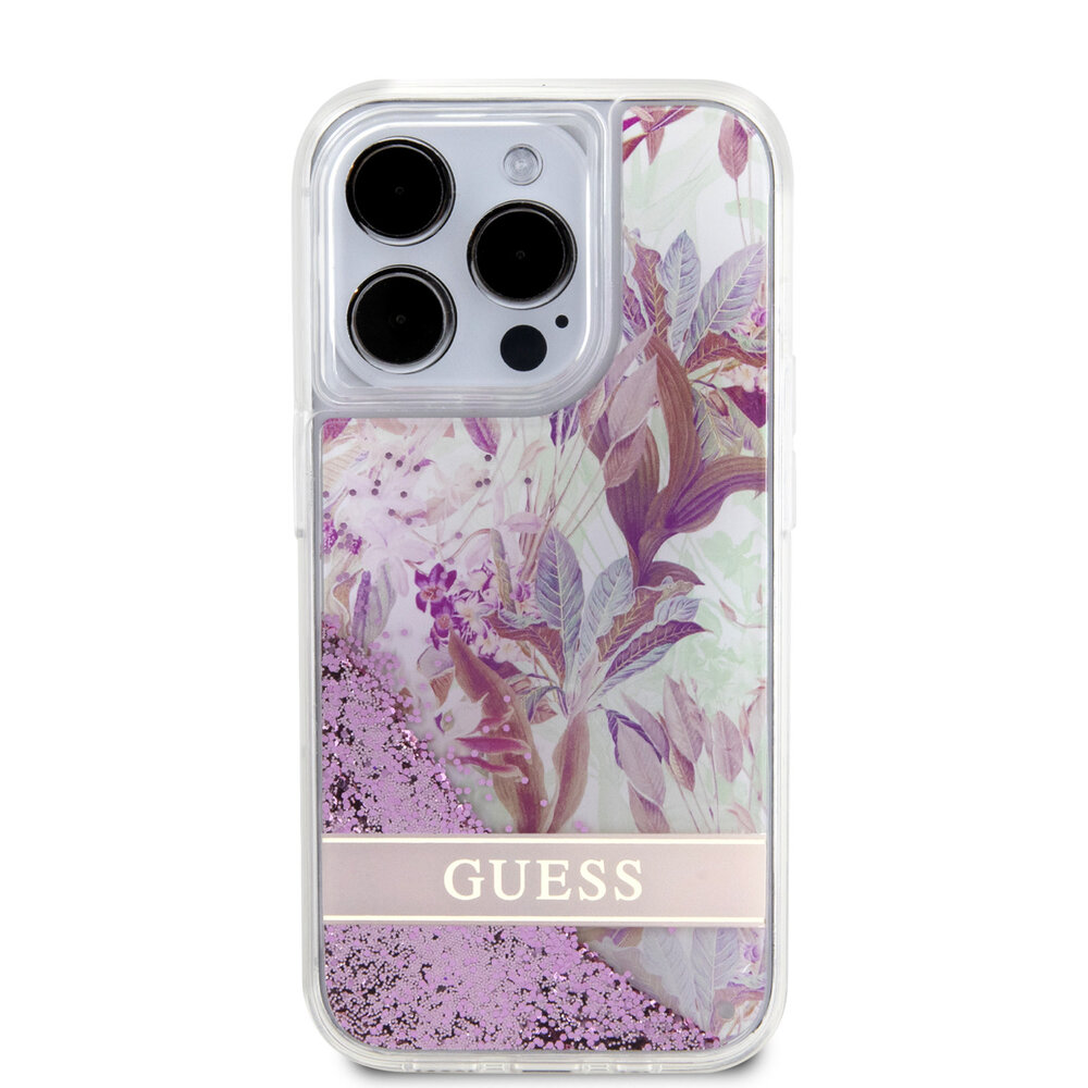 Guess Guess iPhone 15 Pro Back-Cover hul - Liquid Glitter - Flower Pattern - Rosa Guess Guess iPhone 15 Pro Back-Cover hul - Liquid Glitter - Flower Pattern - Rosa
