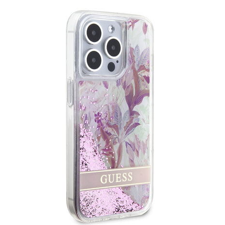 Guess Guess iPhone 15 Pro Back-Cover hul - Liquid Glitter - Flower Pattern - Rosa Guess Guess iPhone 15 Pro Back-Cover hul - Liquid Glitter - Flower Pattern - Rosa