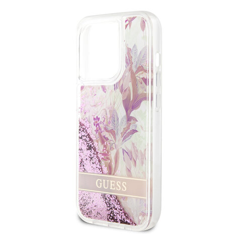 Guess Guess iPhone 15 Pro Back-Cover hul - Liquid Glitter - Flower Pattern - Rosa Guess Guess iPhone 15 Pro Back-Cover hul - Liquid Glitter - Flower Pattern - Rosa