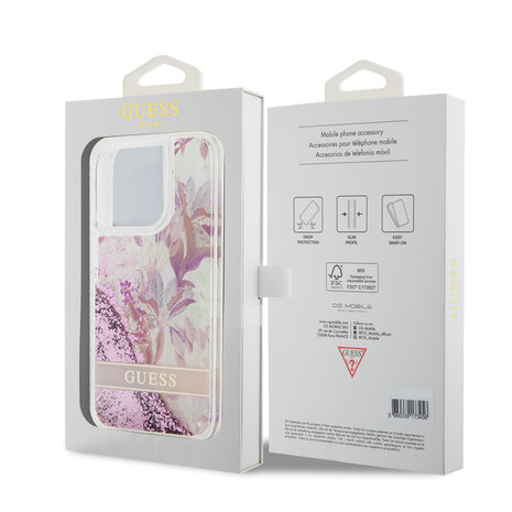 Guess Guess iPhone 15 Pro Back-Cover hul - Liquid Glitter - Flower Pattern - Rosa Guess Guess iPhone 15 Pro Back-Cover hul - Liquid Glitter - Flower Pattern - Rosa