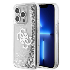 Guess iPhone 15 Pro Backcover hoesje - Liquid Glitter - Electroplated Logo - Zilver