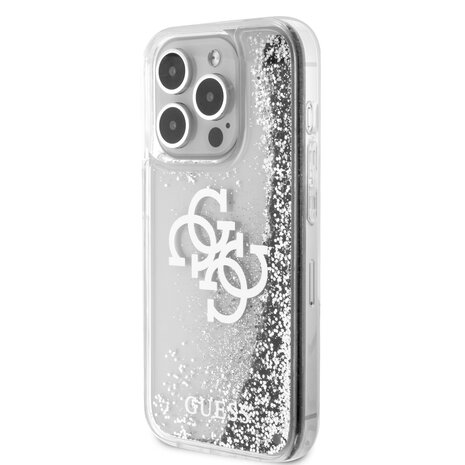 Guess Guess iPhone 15 Pro Back-Cover hul - Liquid Glitter - Electroplated Logo - Silber Guess Guess iPhone 15 Pro Back-Cover hul - Liquid Glitter - Electroplated Logo - Silber