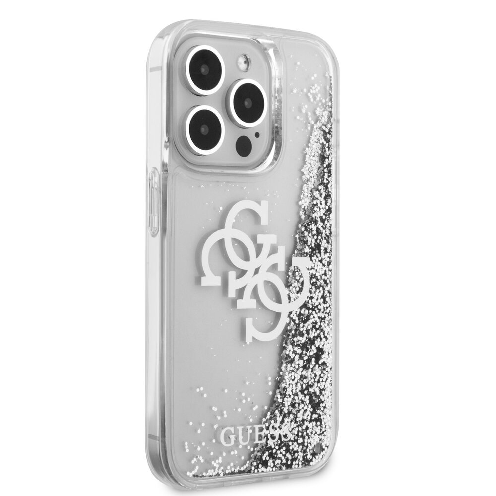 Guess Guess iPhone 15 Pro Backcover hoesje - Liquid Glitter - Electroplated Logo - Zilver Guess Guess iPhone 15 Pro Backcover hoesje - Liquid Glitter - Electroplated Logo - Zilver