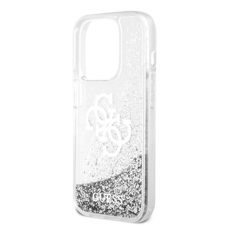 Guess Guess iPhone 15 Pro Backcover hoesje - Liquid Glitter - Electroplated Logo - Zilver Guess Guess iPhone 15 Pro Backcover hoesje - Liquid Glitter - Electroplated Logo - Zilver