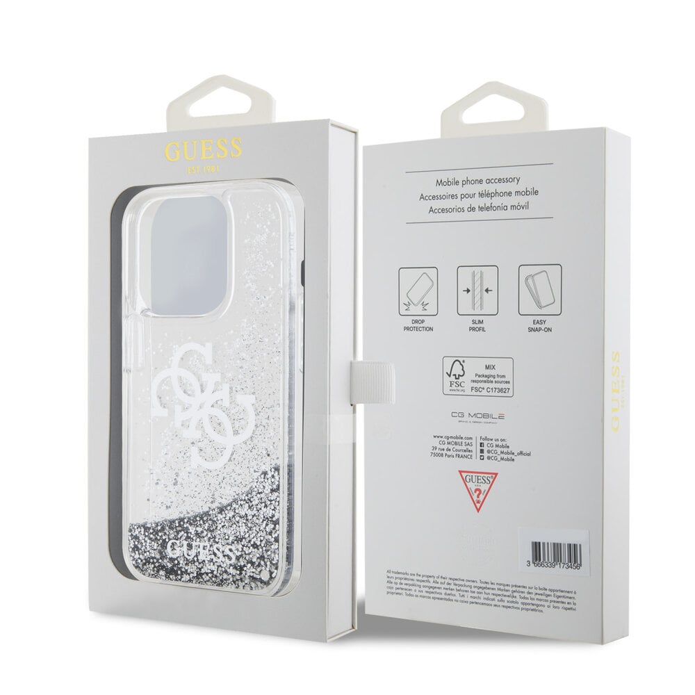 Guess Guess iPhone 15 Pro Back cover coque - Liquid Glitter - Electroplated Logo - Argent Guess Guess iPhone 15 Pro Back cover coque - Liquid Glitter - Electroplated Logo - Argent