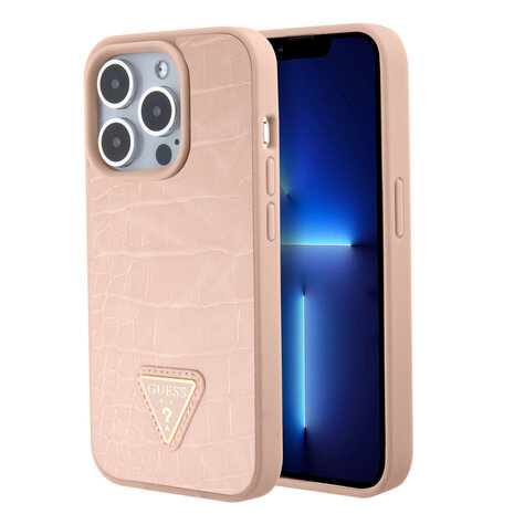 Guess Guess iPhone 15 Pro Backcover hoesje - Croco - Triangle Logo - Roze Guess Guess iPhone 15 Pro Backcover hoesje - Croco - Triangle Logo - Roze