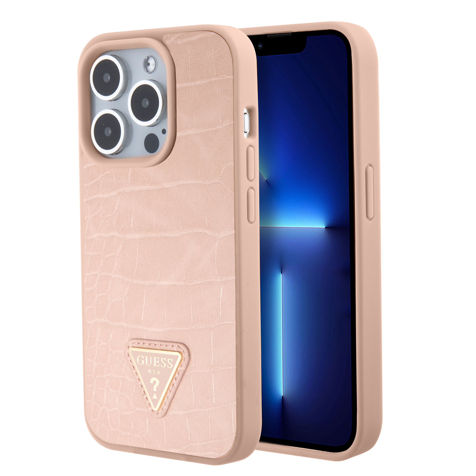 Guess Guess iPhone 15 Pro Backcover hoesje - Croco - Triangle Logo - Roze