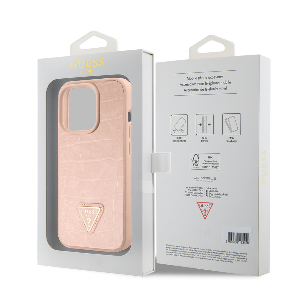 Guess Guess iPhone 15 Pro Backcover hoesje - Croco - Triangle Logo - Roze Guess Guess iPhone 15 Pro Backcover hoesje - Croco - Triangle Logo - Roze