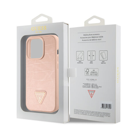 Guess Guess iPhone 15 Pro Backcover hoesje - Croco - Triangle Logo - Roze Guess Guess iPhone 15 Pro Backcover hoesje - Croco - Triangle Logo - Roze