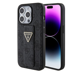 Guess Guess iPhone 15 Pro Backcover hoesje - Gripstand - 4G Triangle Strass Pattern - Zwart Guess Guess iPhone 15 Pro Backcover hoesje - Gripstand - 4G Triangle Strass Pattern - Zwart