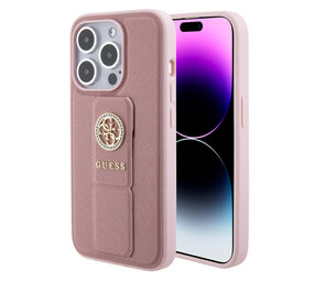 Guess Guess iPhone 15 Pro Backcover hoesje - Saffiano Gripstand - 4G Strass Metal Logo - Roze Guess Guess iPhone 15 Pro Backcover hoesje - Saffiano Gripstand - 4G Strass Metal Logo - Roze