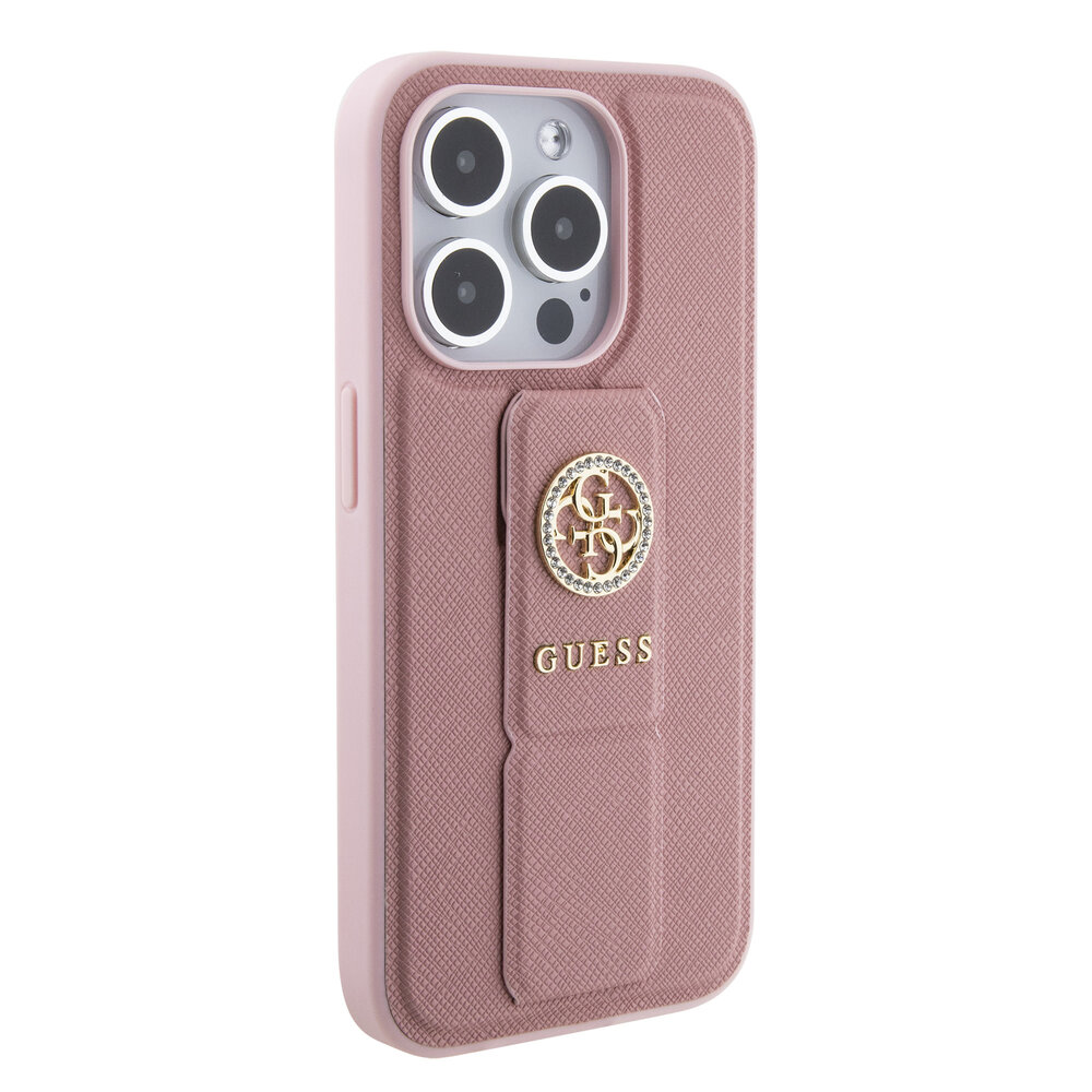 Guess Guess iPhone 15 Pro Back-Cover hul - Saffiano Gripstand - 4G Strass Metal Logo - Rosa Guess Guess iPhone 15 Pro Back-Cover hul - Saffiano Gripstand - 4G Strass Metal Logo - Rosa