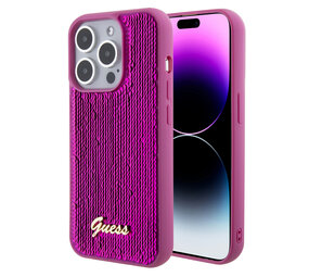 Guess Guess iPhone 15 Pro Back-Cover hul - Sequin Script - Metal Logo - Fuchsia Guess Guess iPhone 15 Pro Back-Cover hul - Sequin Script - Metal Logo - Fuchsia