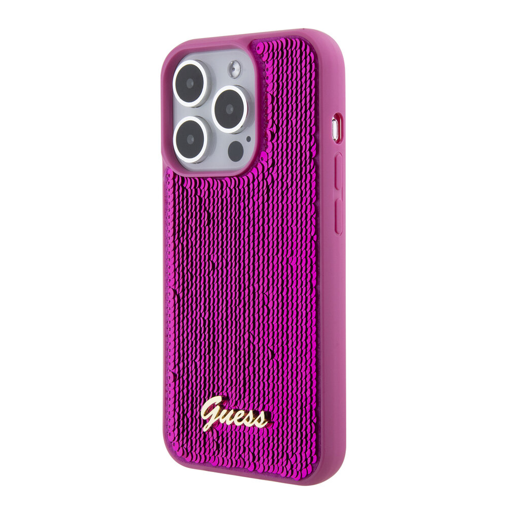 Guess Guess iPhone 15 Pro Backcover hoesje - Sequin Script - Metal Logo - Fuchsia Guess Guess iPhone 15 Pro Backcover hoesje - Sequin Script - Metal Logo - Fuchsia