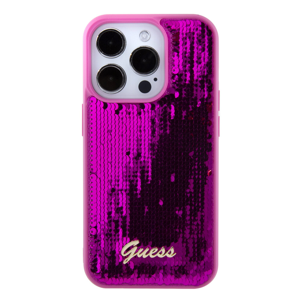Guess Guess iPhone 15 Pro Backcover hoesje - Sequin Script - Metal Logo - Fuchsia Guess Guess iPhone 15 Pro Backcover hoesje - Sequin Script - Metal Logo - Fuchsia