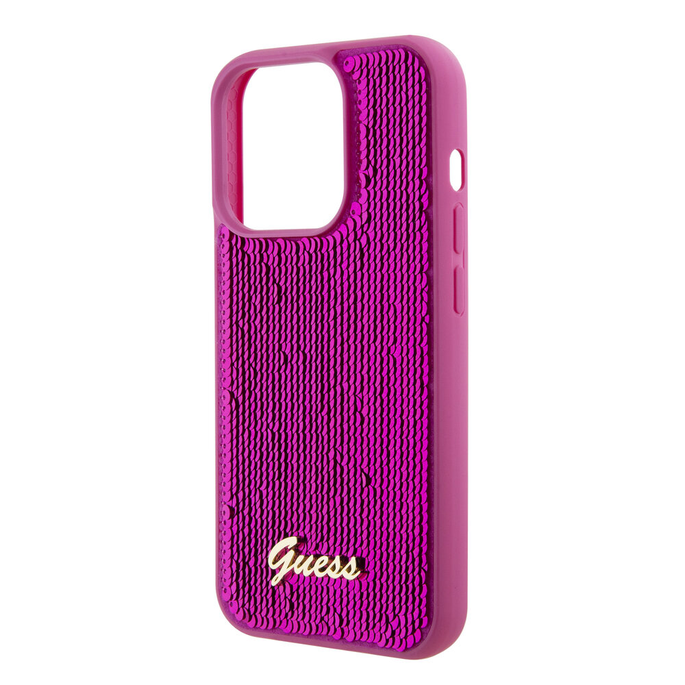 Guess Guess iPhone 15 Pro Back-Cover hul - Sequin Script - Metal Logo - Fuchsia Guess Guess iPhone 15 Pro Back-Cover hul - Sequin Script - Metal Logo - Fuchsia