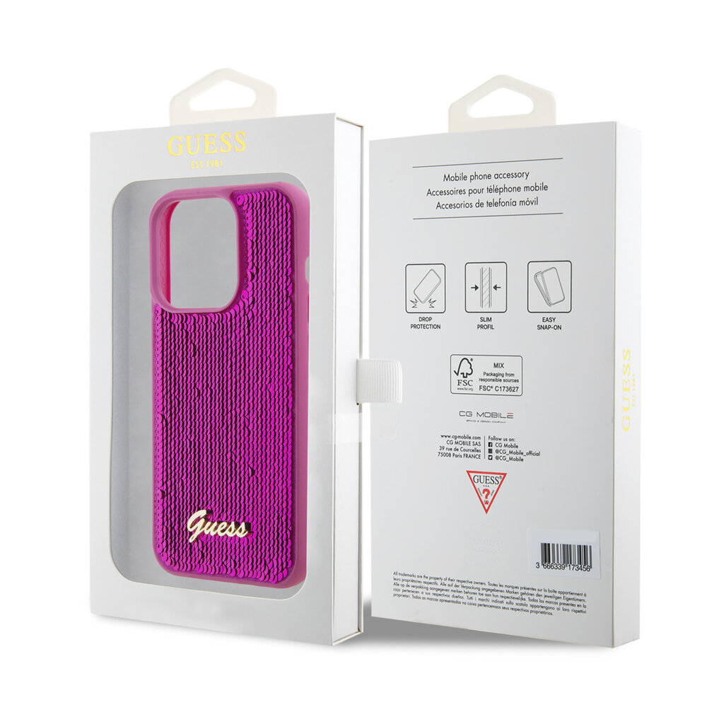 Guess Guess iPhone 15 Pro Back-Cover hul - Sequin Script - Metal Logo - Fuchsia Guess Guess iPhone 15 Pro Back-Cover hul - Sequin Script - Metal Logo - Fuchsia