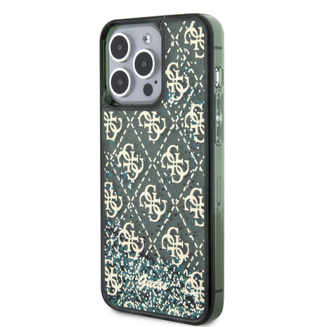 Guess Guess iPhone 15 Pro Max Backcover hoesje - Liquid Glitter - 4G Pattern - Groen Guess Guess iPhone 15 Pro Max Backcover hoesje - Liquid Glitter - 4G Pattern - Groen