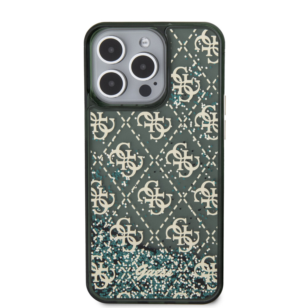 Guess Guess iPhone 15 Pro Max Backcover hoesje - Liquid Glitter - 4G Pattern - Groen Guess Guess iPhone 15 Pro Max Backcover hoesje - Liquid Glitter - 4G Pattern - Groen