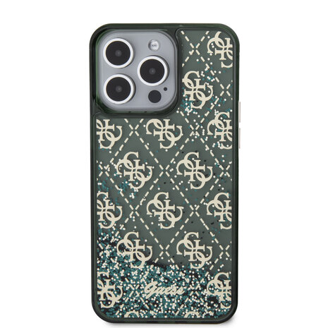Guess Guess iPhone 15 Pro Max Backcover hoesje - Liquid Glitter - 4G Pattern - Groen Guess Guess iPhone 15 Pro Max Backcover hoesje - Liquid Glitter - 4G Pattern - Groen