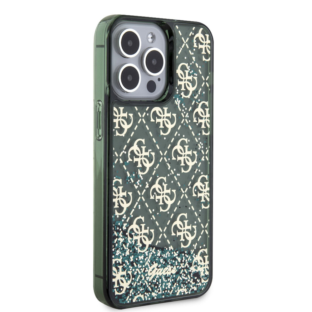 Guess Guess iPhone 15 Pro Max Backcover hoesje - Liquid Glitter - 4G Pattern - Groen Guess Guess iPhone 15 Pro Max Backcover hoesje - Liquid Glitter - 4G Pattern - Groen