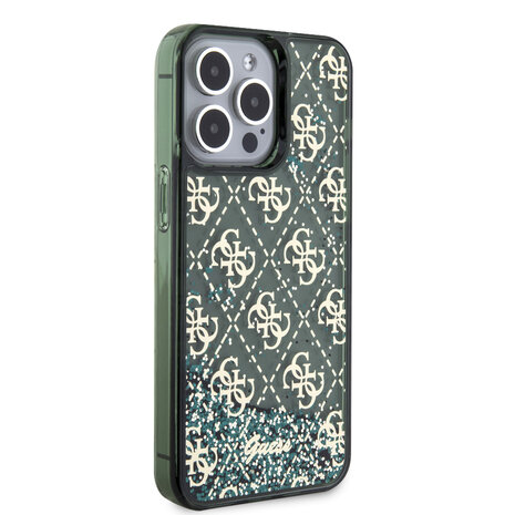Guess Guess iPhone 15 Pro Max Backcover hoesje - Liquid Glitter - 4G Pattern - Groen Guess Guess iPhone 15 Pro Max Backcover hoesje - Liquid Glitter - 4G Pattern - Groen