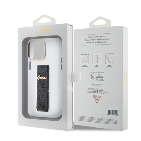 Guess Guess iPhone 15 Pro Max Backcover hoesje - Gripstand - Clear Case - 4G Script Logo - Zwart Guess Guess iPhone 15 Pro Max Backcover hoesje - Gripstand - Clear Case - 4G Script Logo - Zwart