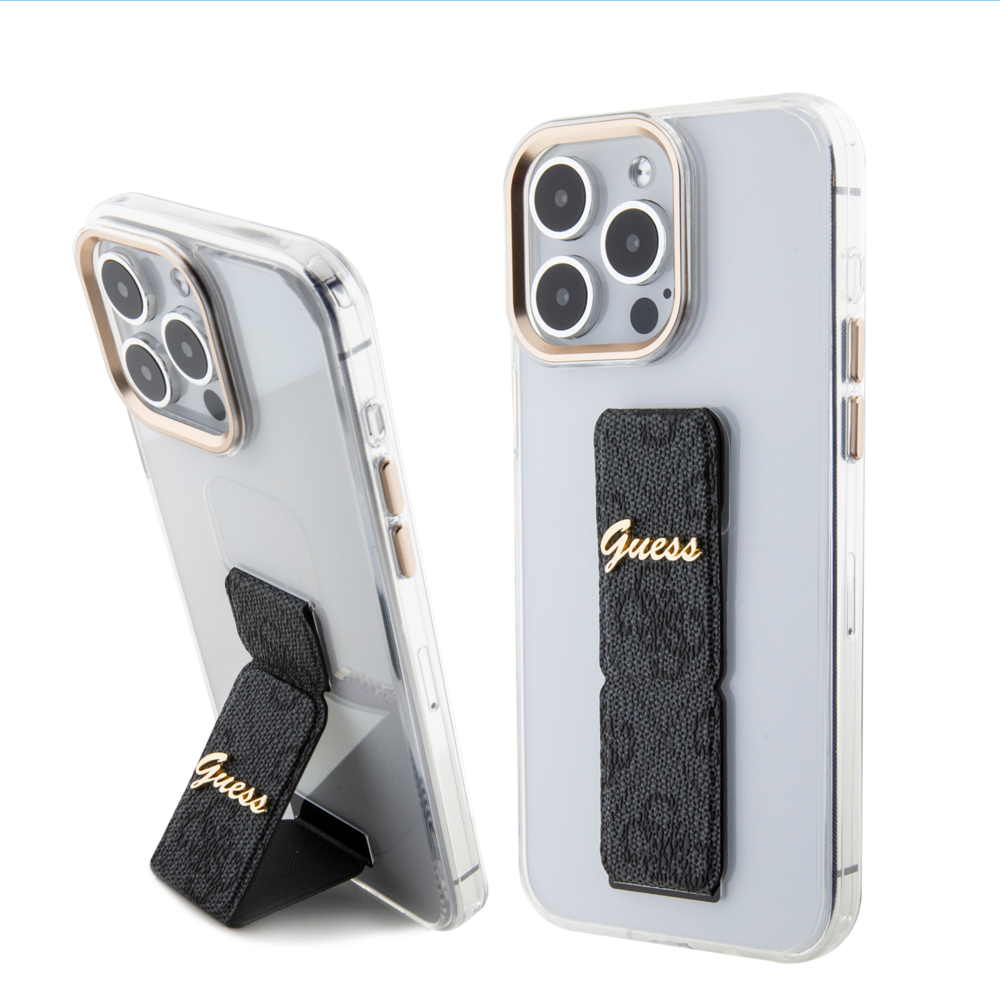 Guess Guess iPhone 15 Pro Max Back cover coque - Gripstand - Clear Case - 4G Script Logo - Noir Guess Guess iPhone 15 Pro Max Back cover coque - Gripstand - Clear Case - 4G Script Logo - Noir