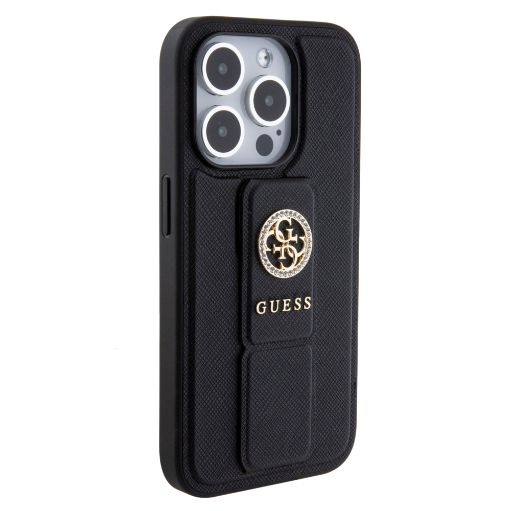 Guess Guess iPhone 15 Pro Backcover hoesje - Saffiano Gripstand - 4G Strass Metal Logo - Zwart Guess Guess iPhone 15 Pro Backcover hoesje - Saffiano Gripstand - 4G Strass Metal Logo - Zwart