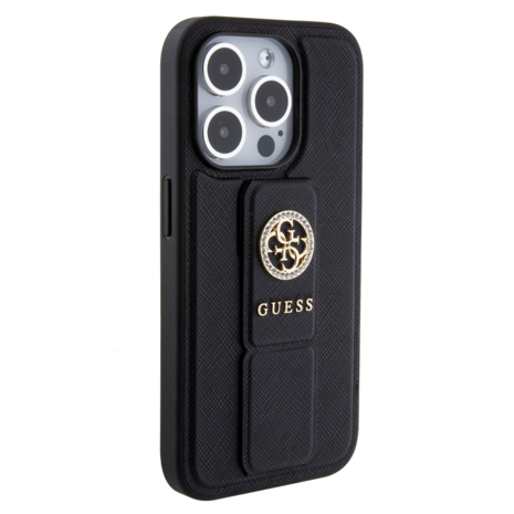 Guess Guess iPhone 15 Pro Backcover hoesje - Saffiano Gripstand - 4G Strass Metal Logo - Zwart Guess Guess iPhone 15 Pro Backcover hoesje - Saffiano Gripstand - 4G Strass Metal Logo - Zwart