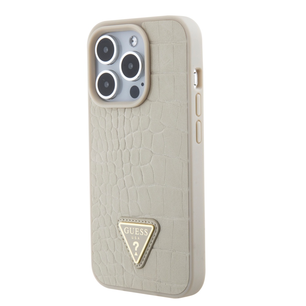 Guess Guess iPhone 15 Pro Backcover hoesje - Croco - Triangle Logo - Goud Guess Guess iPhone 15 Pro Backcover hoesje - Croco - Triangle Logo - Goud