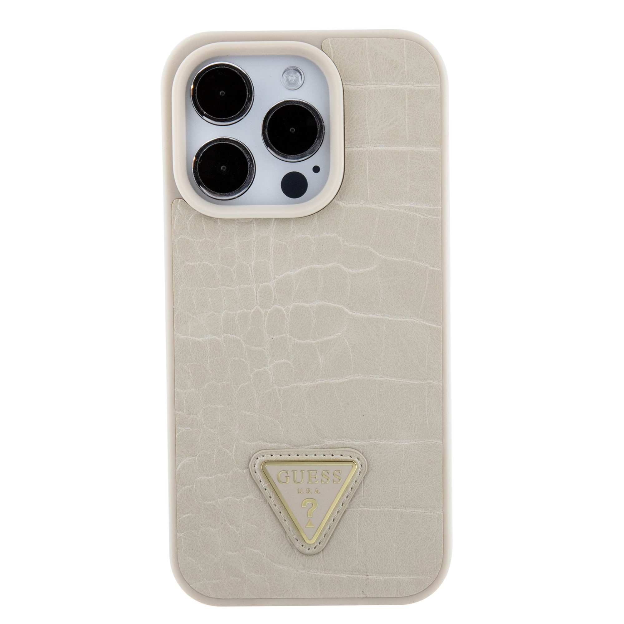 Guess Guess iPhone 15 Pro Backcover hoesje - Croco - Triangle Logo - Goud, foto 3 van 6