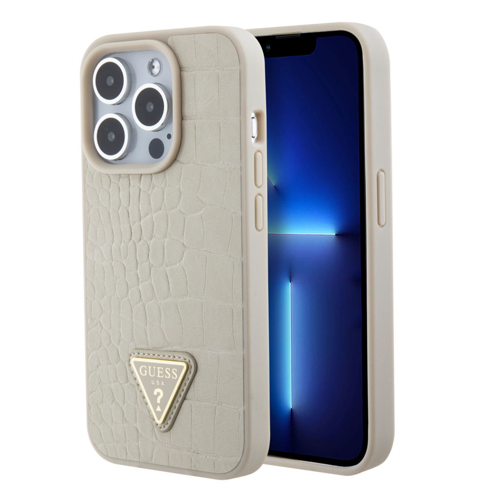 Guess Guess iPhone 15 Pro Backcover hoesje - Croco - Triangle Logo - Goud Guess Guess iPhone 15 Pro Backcover hoesje - Croco - Triangle Logo - Goud