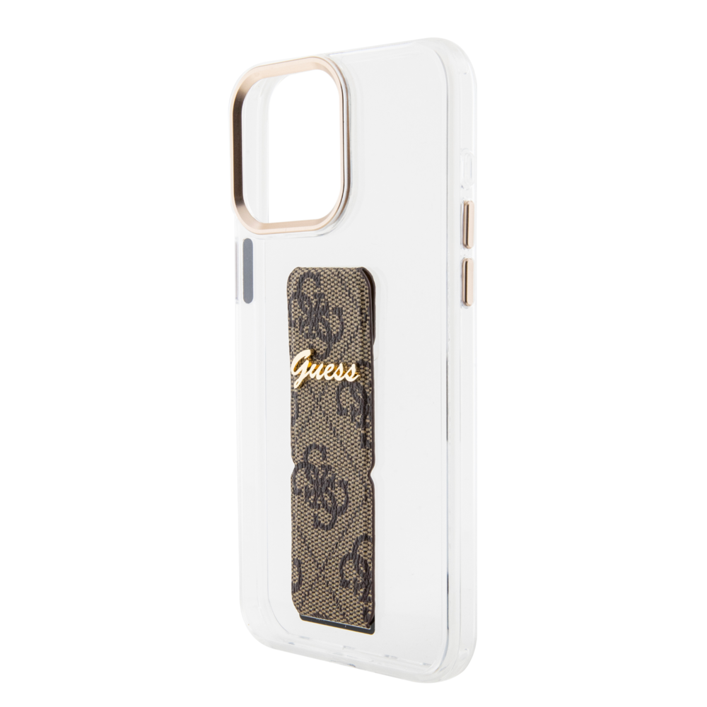 Guess Guess iPhone 15 Pro Backcover hoesje - Gripstand - Clear Case - 4G Script Logo - Bruin Guess Guess iPhone 15 Pro Backcover hoesje - Gripstand - Clear Case - 4G Script Logo - Bruin