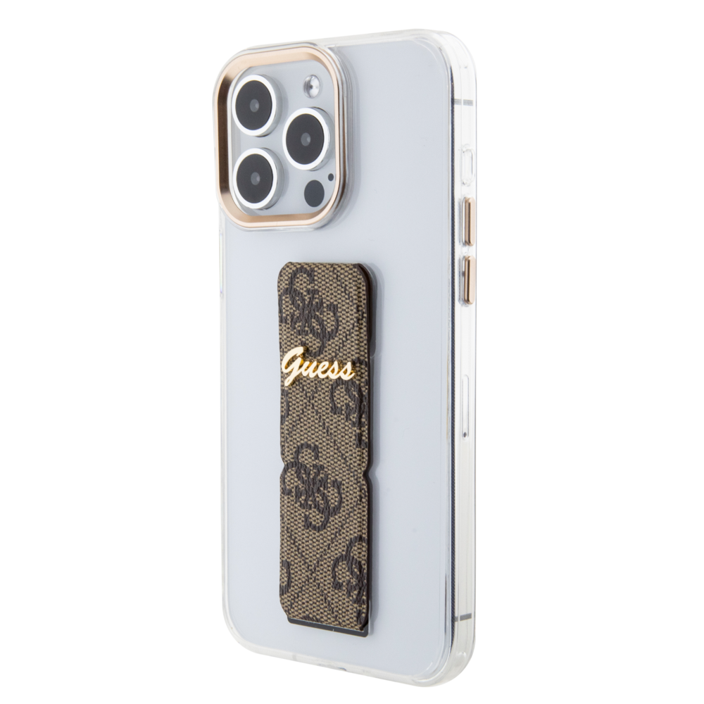 Guess Guess iPhone 15 Pro Back cover case - Gripstand - Clear Case - 4G Script Logo - Brown Guess Guess iPhone 15 Pro Back cover case - Gripstand - Clear Case - 4G Script Logo - Brown