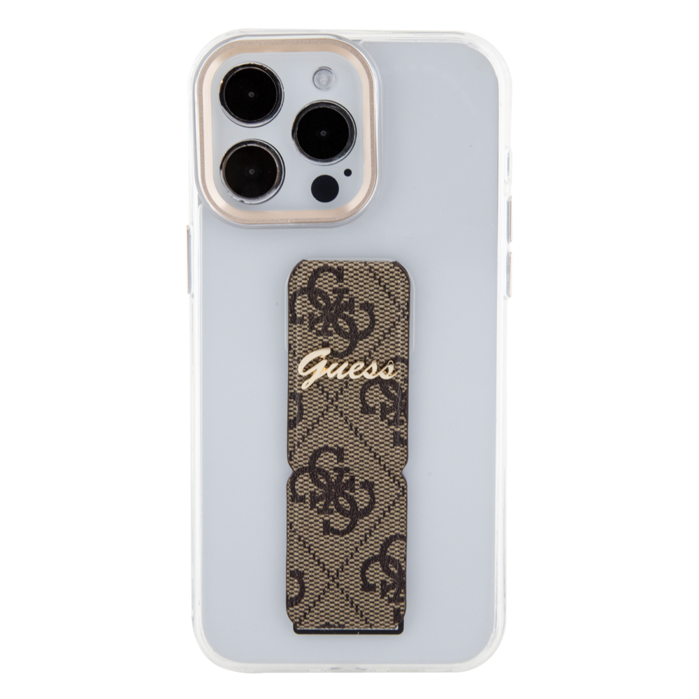 Guess Guess iPhone 15 Pro Back-Cover hul - Gripstand - Clear Case - 4G Script Logo - Braun Guess Guess iPhone 15 Pro Back-Cover hul - Gripstand - Clear Case - 4G Script Logo - Braun