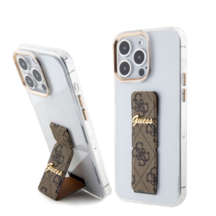 Guess iPhone 15 Pro Backcover hoesje - Gripstand - Clear Case - 4G Script Logo - Bruin