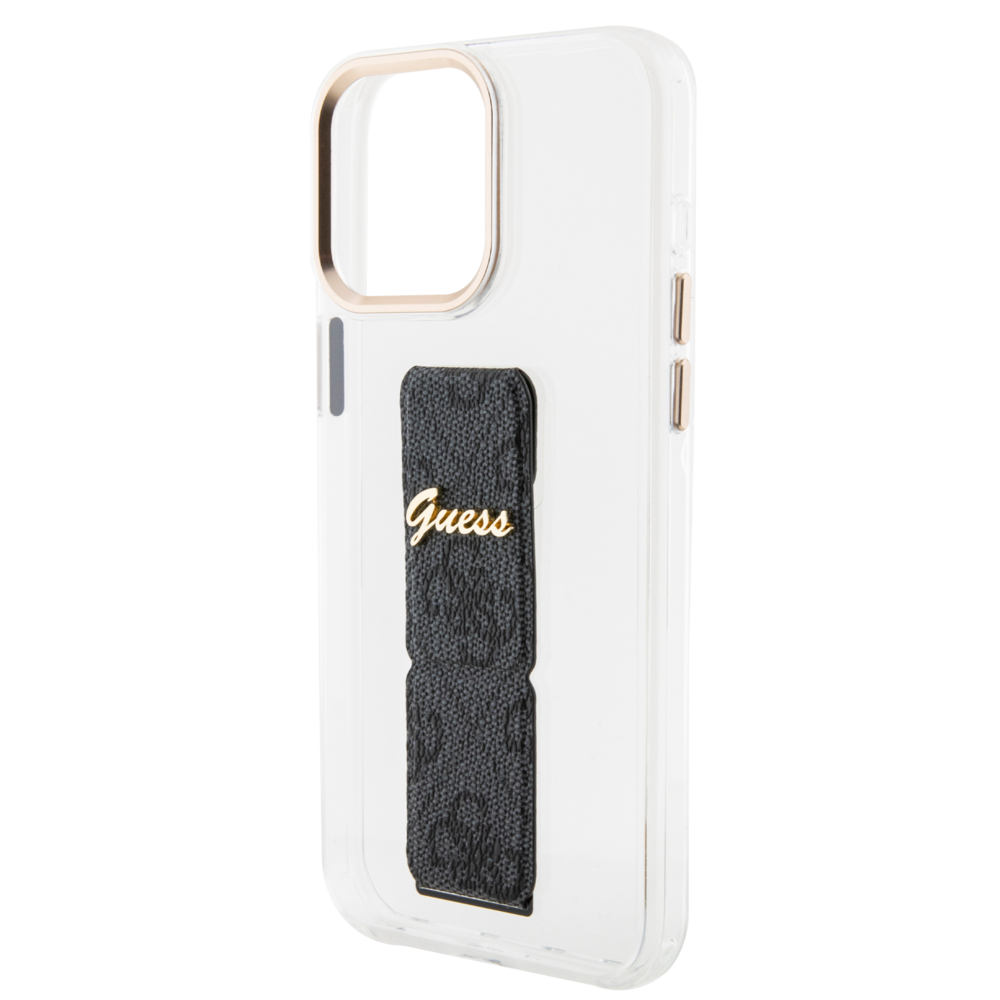 Guess Guess iPhone 15 Pro Back cover case - Gripstand - Clear Case - 4G Script Logo - Black Guess Guess iPhone 15 Pro Back cover case - Gripstand - Clear Case - 4G Script Logo - Black
