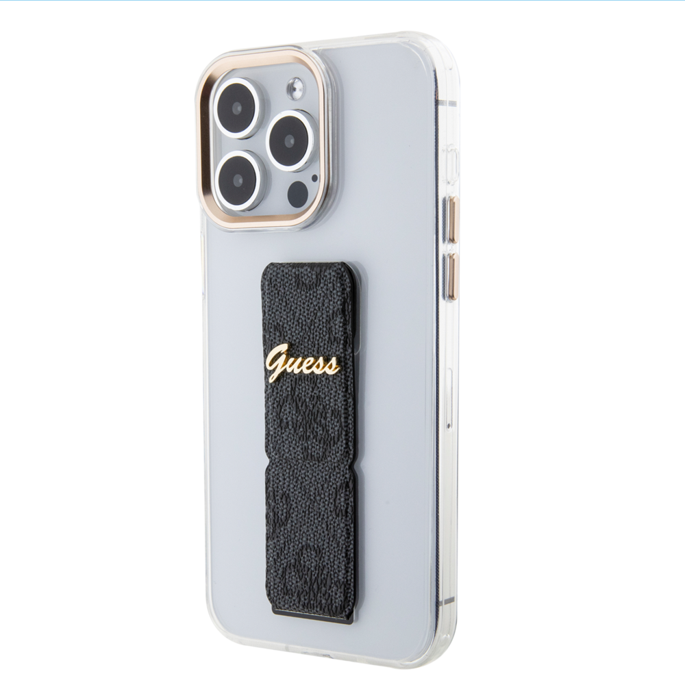 Guess Guess iPhone 15 Pro Backcover hoesje - Gripstand - Clear Case - 4G Script Logo - Zwart Guess Guess iPhone 15 Pro Backcover hoesje - Gripstand - Clear Case - 4G Script Logo - Zwart